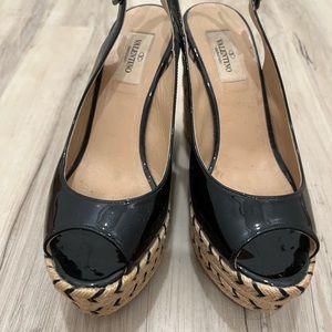 Valentino Garavani Black Patent Leather Espadrille Wedge Slingbacks